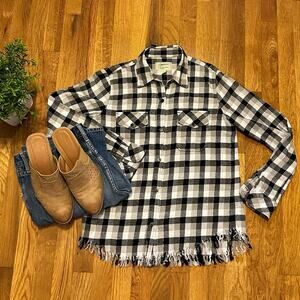 Current Elliot Black White Checker Distressed Fringe Flannel Women 2 Medium